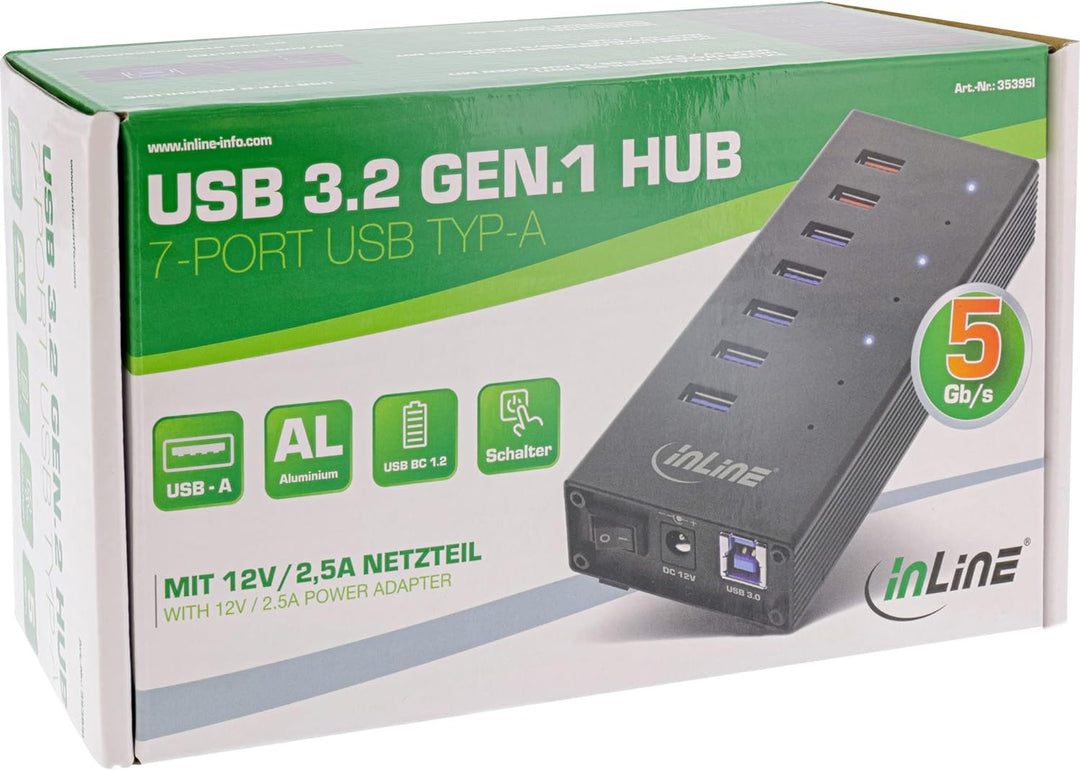 InLine® USB 3.2 Gen.1 Hub, 7 Port, Aluminiumgehäuse, schwarz, mit 2,5A Netzteil