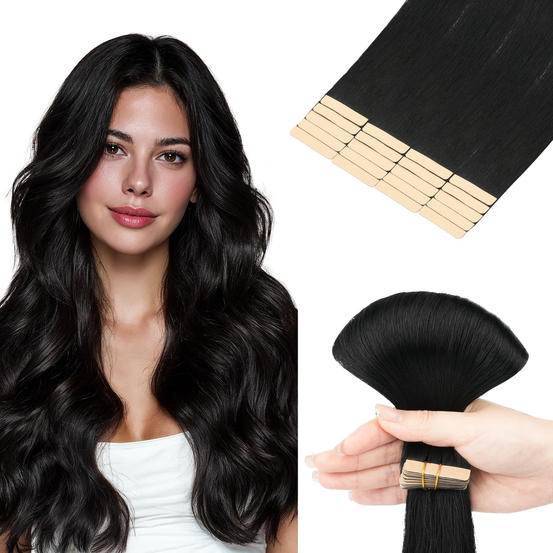 Hotbanana Tape-In-Haarextensions, 35cm 20 Stück 50g Tiefschwarz Tape-In-Echtes Remy-Echthaar-Extensi