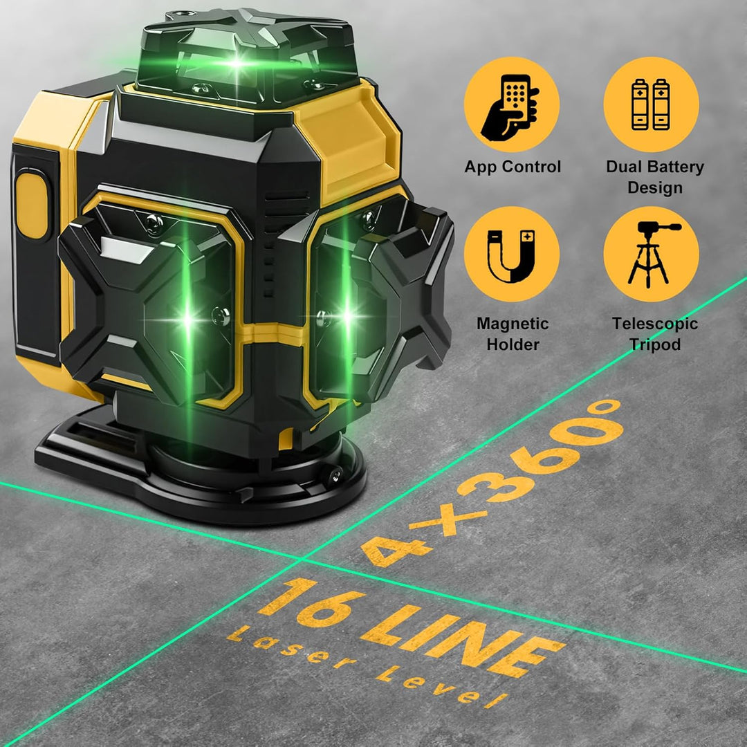 Kreuzlinienlaser mit Stativ 1M, Linienlaser 16 Linien 4D, 4x360 Grad Grün Selbstnivellierend Laser W