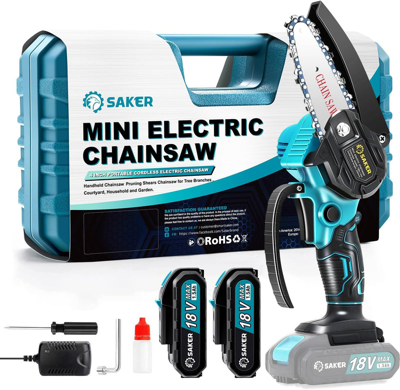 Saker Mini Kettensäge mit Akku 4 Zoll, kabellose kettensäge elektrisch mit 1 Kette und 2 Batterien,