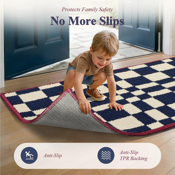 Biscpro Schachbrettmuster Fussmatte,rutschfeste Innen 60x180cm,Blau,waschbar | Maschinenwaschbare Fu