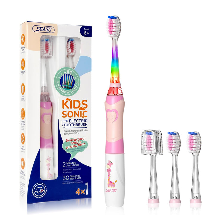 Seago Elektrische Zahnbürste Kinder ab 3 Jahren mit bunten LED Licht, 4 Aufsteckbürste, Smart Timer,