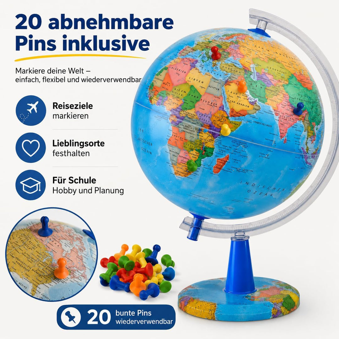 TOPGLOBE 20cm Leuchtglobus - Karte auf Deutsch - Schülerglobus Moderne Politische Weltkugel – pädago