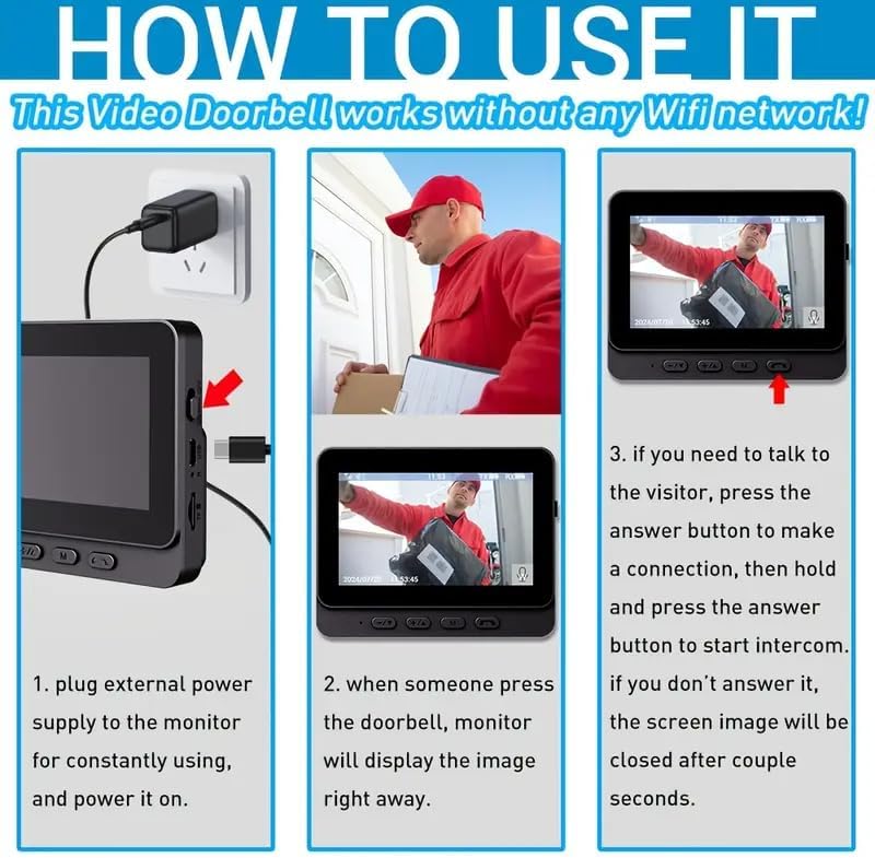 Smart Video Türklingel mit 4.3" HD Innenmonitor Kabellose Türklingel Wasserdicht 1080P HD-Monitor, 1