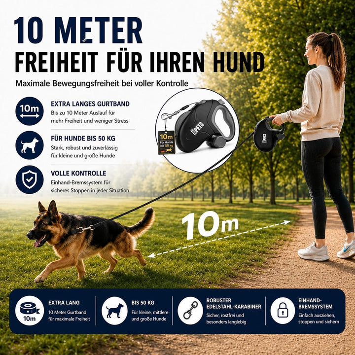 Rollleine Hundeleine 10m für grosse Hunde bis 50 kg - Ausziehbare Hundeleine 10 m mit Kotbeutel - Re