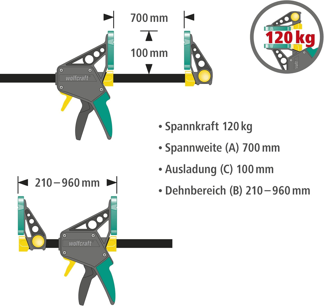 wolfcraft EHZ 100-700 Einhandzwinge PRO 3033000 | Kraftvolle Zwinge zum professionellen Spannen von