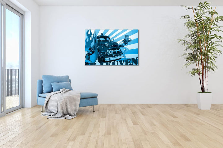 deyoli Feuerwehr Illustration Format: 80x60 Effekt: Monocrome Blau als Leinwandbild, Motiv fertig ge