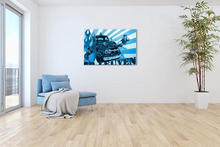 deyoli Feuerwehr Illustration Format: 120x80 Effekt: Monocrome Blau als Leinwandbild, Motiv fertig g