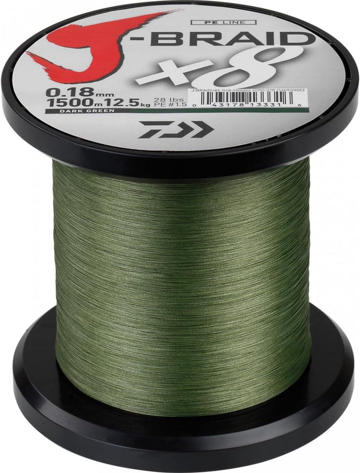 Daiwa J-Braid 8 Braid 0.35mm, 36.0kg / 79.0lbs, 1500m dunkelgrün, rund geflochtene Angelschnur