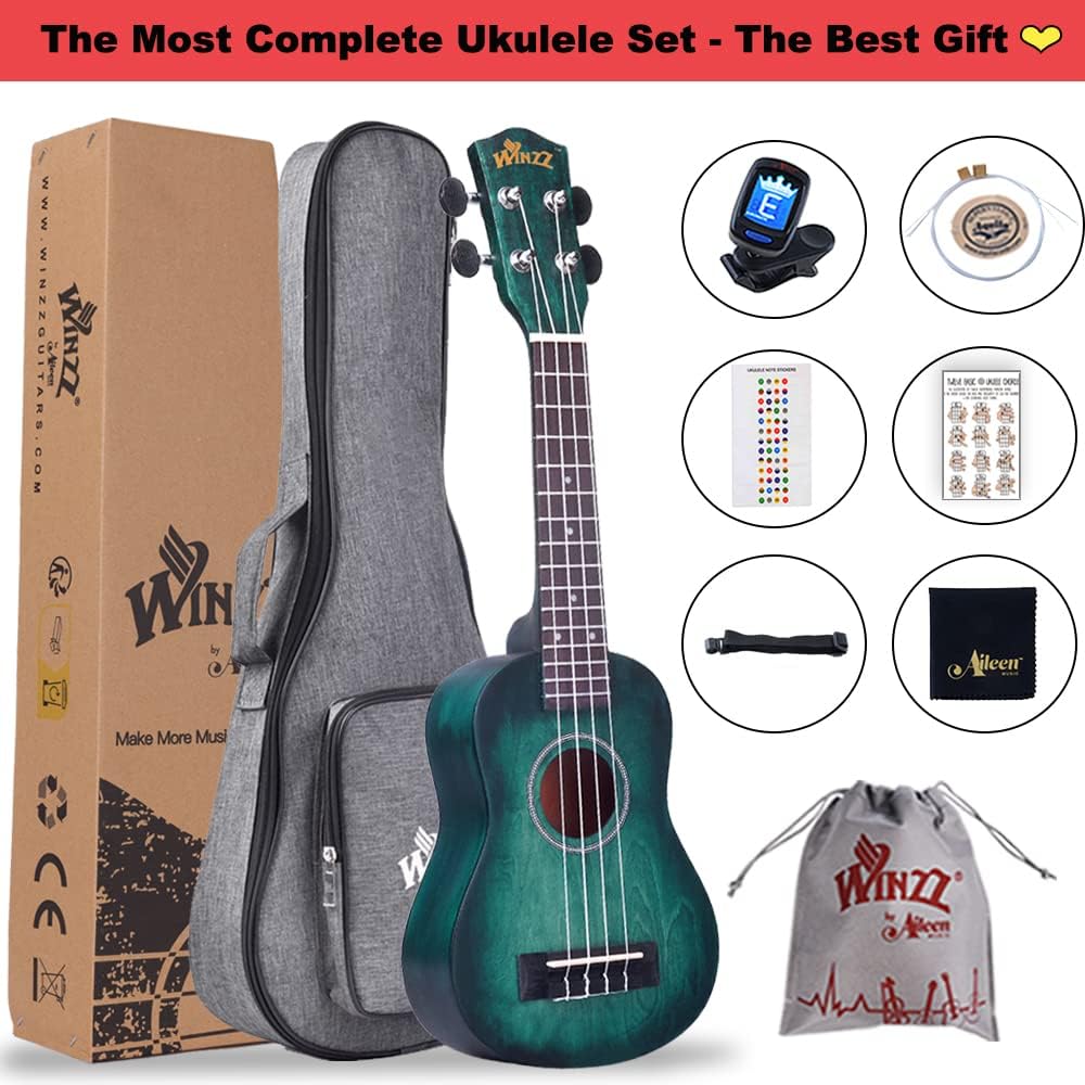 Winzz 21" Sopran Ukulele Anfänger Set Kinderm Erwachsene, Einzigartiges Farbdesign, mit Tasche, Stim