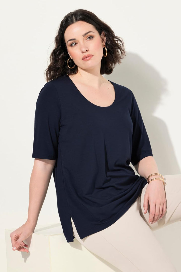 Ulla Popken Damen T-Shirt, vorne doppellagig, V-Ausschnitt, Halbarm 42 Mitternachts Blau, 42 Mittern