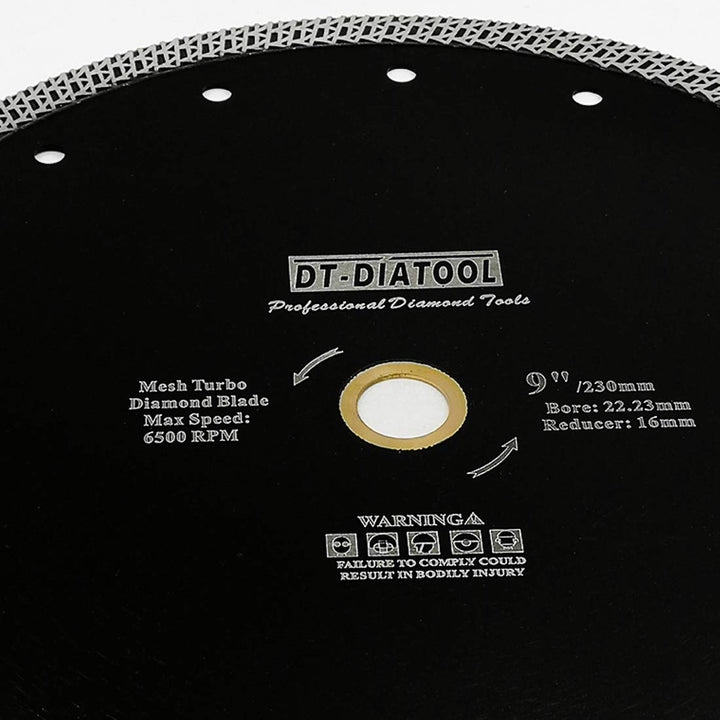 DT-DIATOOL Diamant Trennscheibe 230 mm x 22,23 mm/16 mm Sägeblatt mit Mesh Turbo für Porzellan Flies
