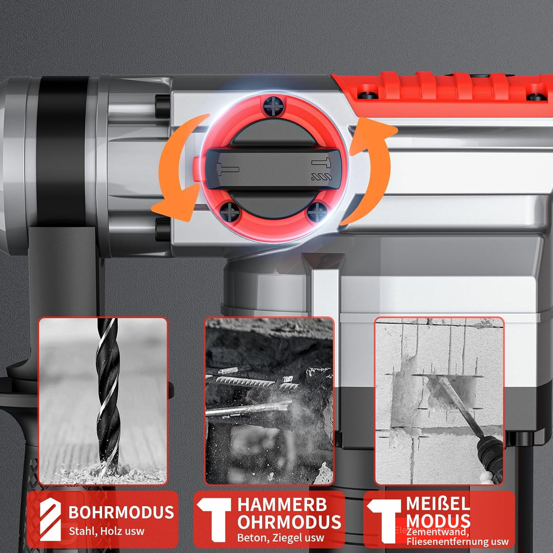 Bohrhammer SDS Plus 1500W, 4 in 1 Funktionen, Anti-Vibrationsgriff und Sicherheitskupplung, Mit Zube