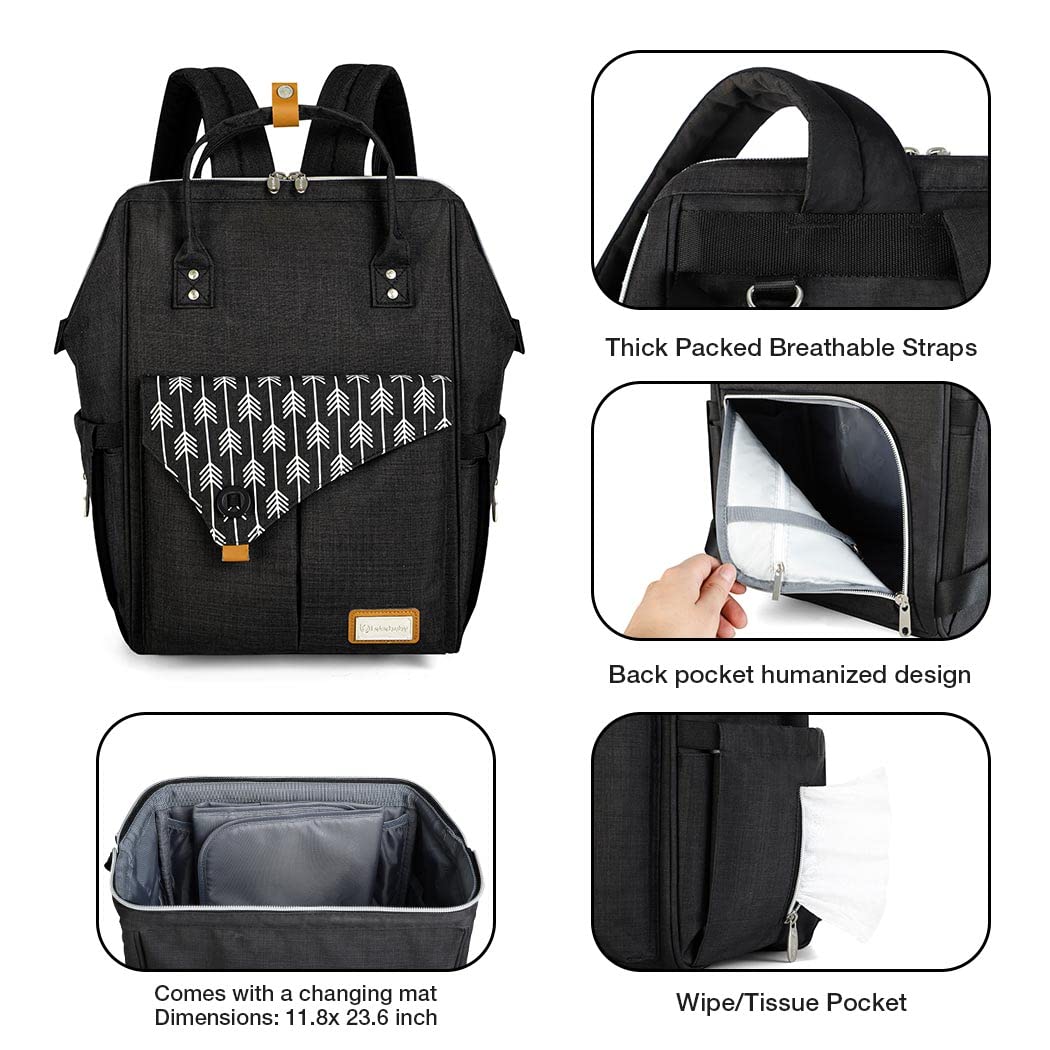Lekebaby Wickelrucksack Wickeltasche mit Wickelunterlage, Schwarz, Schwarz