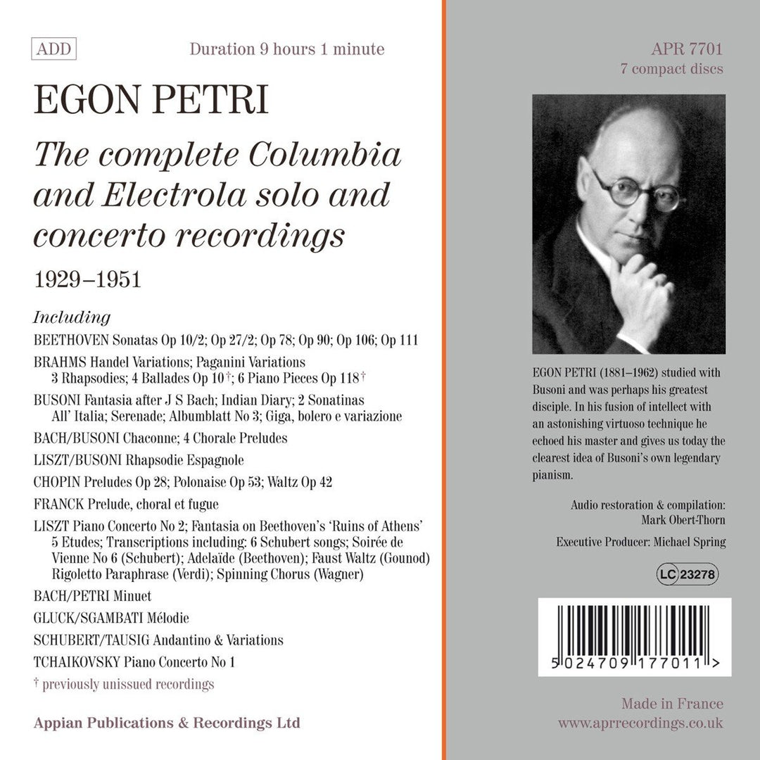Egon Petri - Die Solo- und Konzertaufnahmen für Columbia und Electrola 1929-1951, Audio-CD