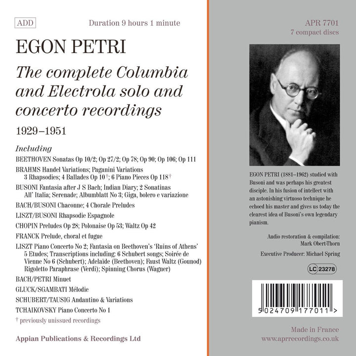 Egon Petri - Die Solo- und Konzertaufnahmen für Columbia und Electrola 1929-1951, Audio-CD