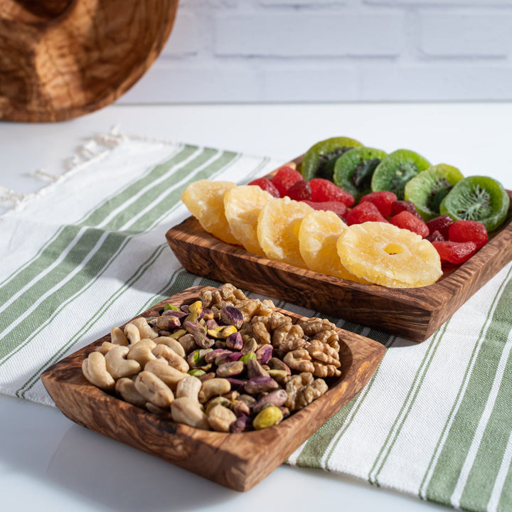 Olivenholz Snackteller 2er Set- 16 * 16 CM und 12 * 12 CM - Rechteckige Obstteller - Trockenobsttell