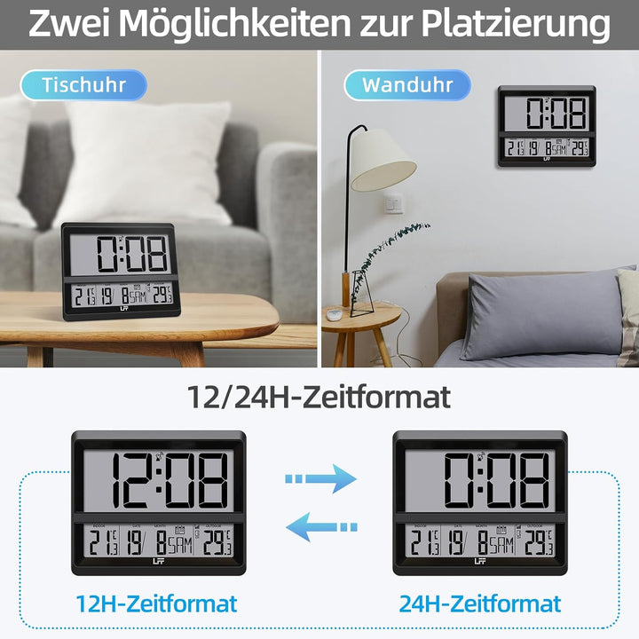 Atomuhr mit Grossem Display, Digitale Wanduhr mit Temperatur Datum Innen Aussen, Drahtloser Aussense