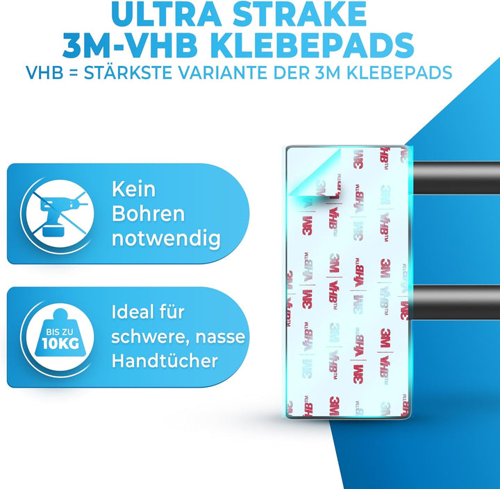 LOBUX® - Handtuchhalter ohne Bohren schwarz – 60cm, Edelstahl rostfrei – Handtuchhalter Bad doppelt,