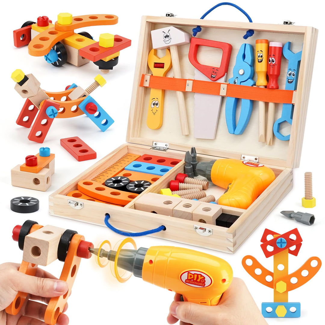 Werkzeugkoffer Kinder Montessori Spielzeug ab 3 Jahre Holzspielzeug mit Akkuschrauber Spielzeug ab 3