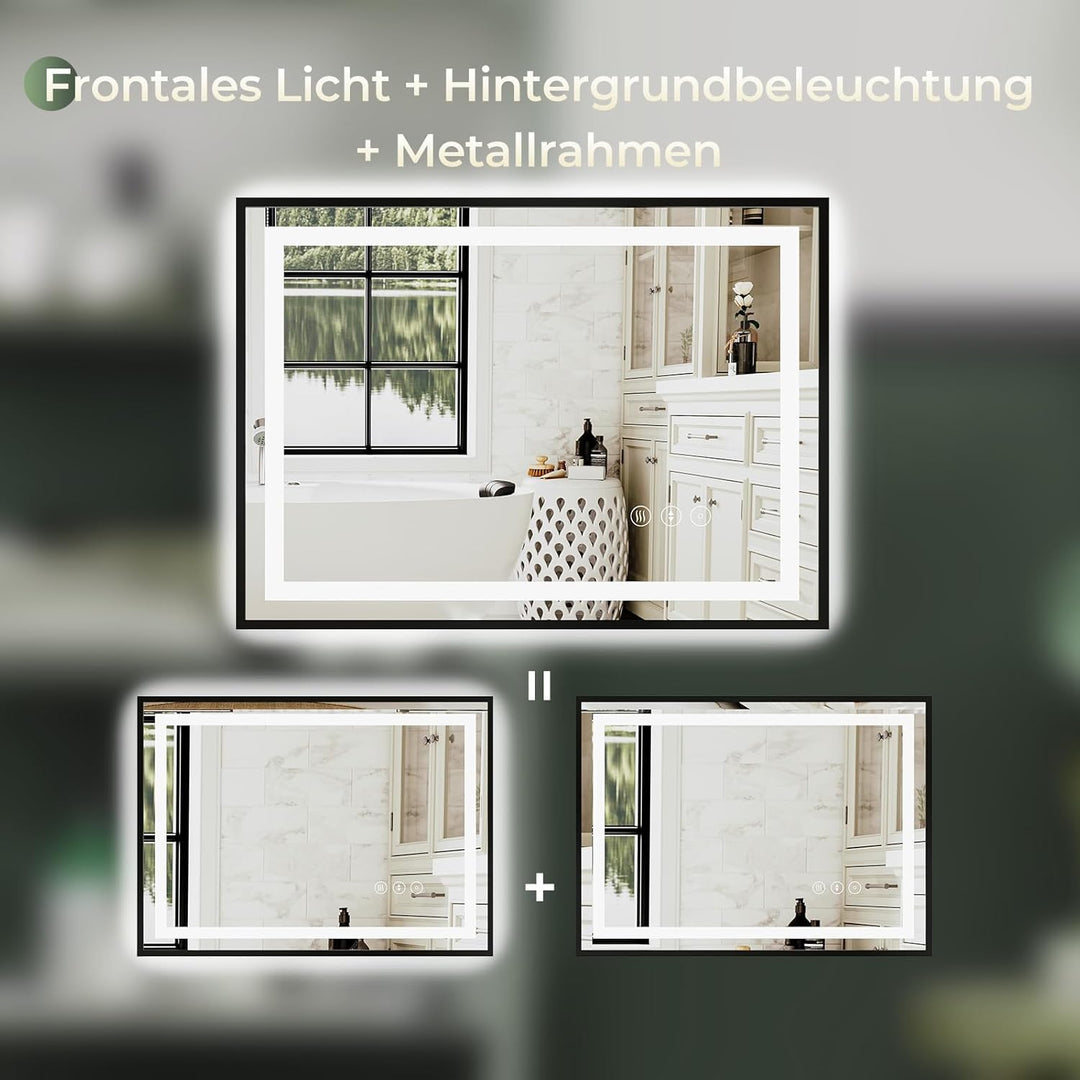 Dripex Badspiegel mit Licht Badezimmerspiegel mit Metallrahmen, Speicherfunktion, Touch-Schalter, Di