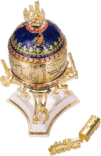 Transsibirisches Eisenbahn Fabergé-Stil Ei/Schmuckkästchen 12,5 cm blau