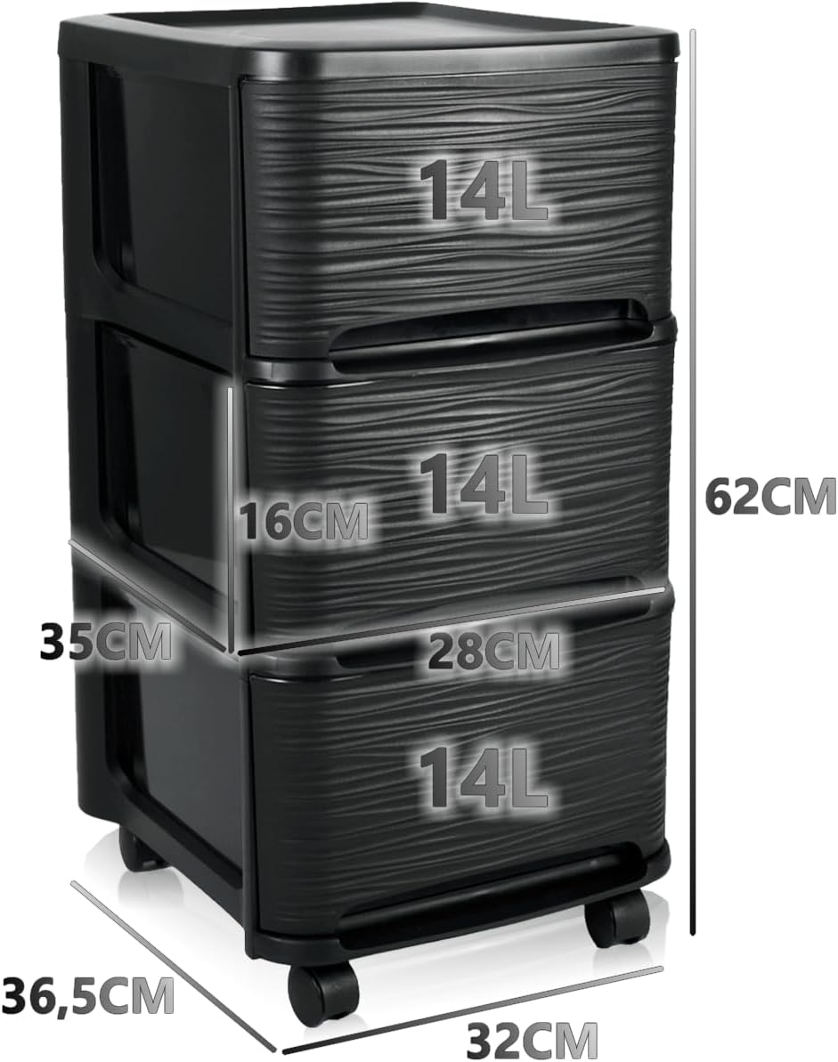Schubladenschrank mit Rollen Rollcontainer mit 3 Schubladen Rollschrank Kunststoff Rollwagen (Schwar