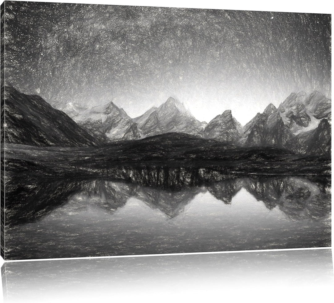 Pixxprint Sternenhimmel über dem Gebirge / 100x70cm Leinwandbild bespannt auf Holzrahmen/Wandbild Ku