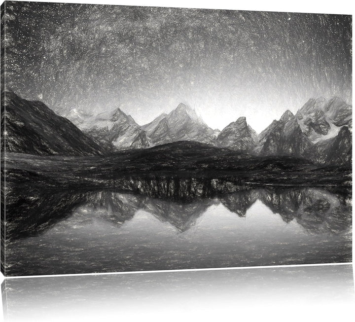 Pixxprint Sternenhimmel über dem Gebirge / 100x70cm Leinwandbild bespannt auf Holzrahmen/Wandbild Ku