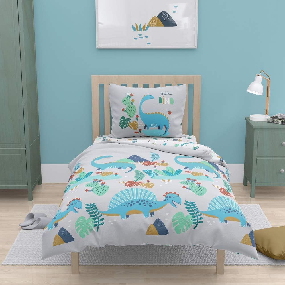 CÔTE DECO Wendebettwäsche für Kinder, Motiv: Dinosaurier, Grün, Bettbezug 140 x 200 cm + 1 Kissenbez