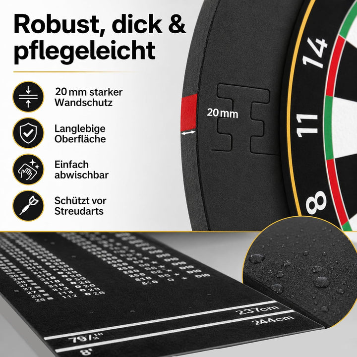 Dartteppich &amp; Dart Surround Set - 300x60 cm Dartmatte mit Abwurflinien &amp; Checkout-Tabelle + 13cm Puz
