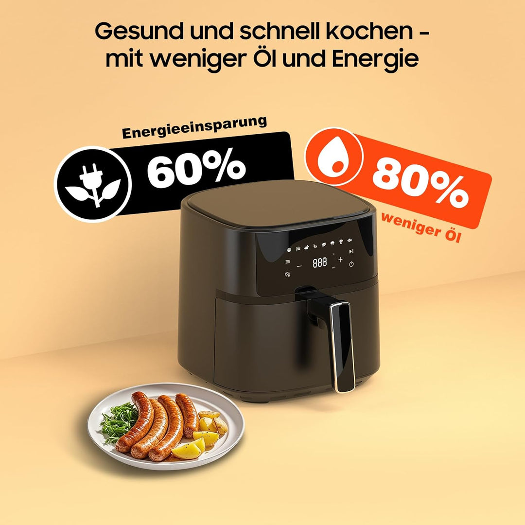 Dewelling Heissluftfritteuse 6,5L XL Airfryer, Leise Friteuse ohne Öl mit 8 Programmen, Touchscreen,