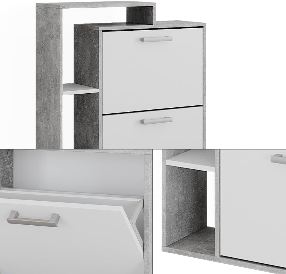 Vicco Schuhkommode Orlando, Schuhregal, Beton, 80 x 128.3 cm mit 3 Fächern Weiss/Beton, Weiss/Beton