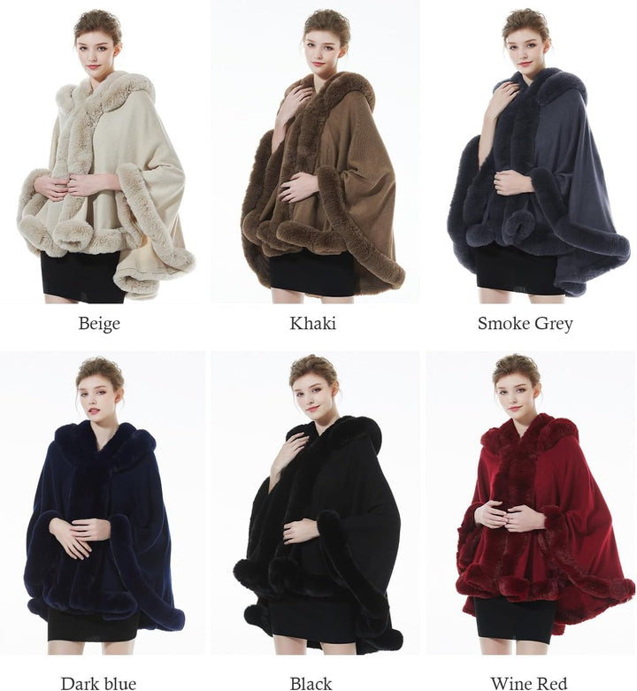 BEAUTELICATE Damen Kunstpelz Strick Poncho Cape Warm Umhang Gestrickt mit Kapuze Cardigan Brautjacke