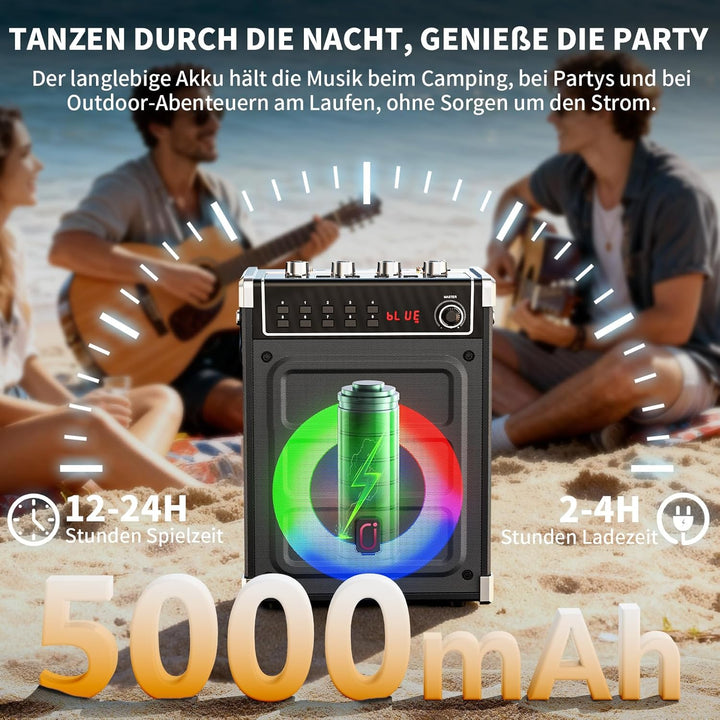 JYX Karaoke-Maschine mit 2 UHF-Funkmikrofonen, Bluetooth-Lautsprecher mit Bass-/Höhen-Einstellung un