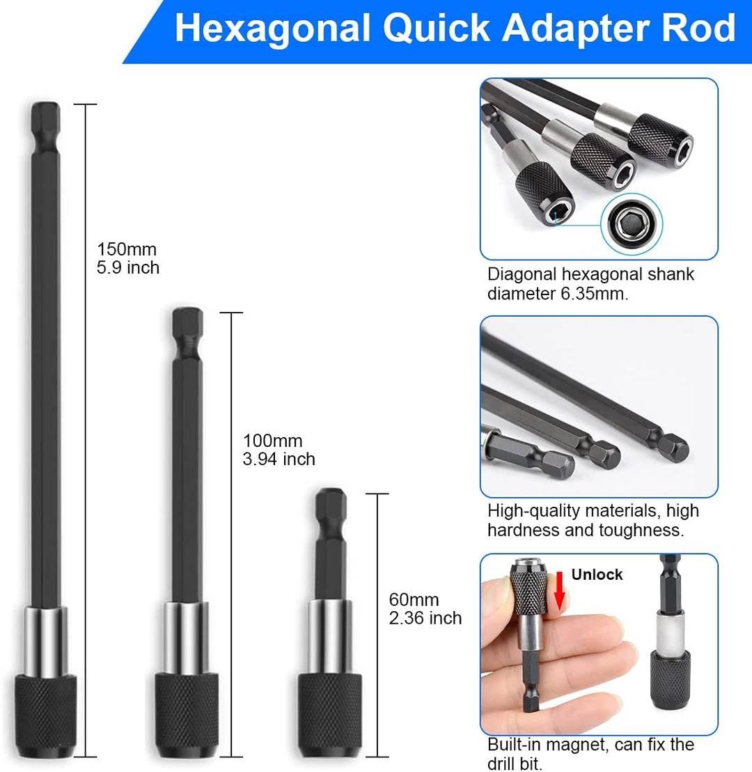 2pcs 105° Winkelaufsatz für Akkuschrauber Adapter, 3pcs 1/4 Sechskantschaft Verlängerungsstange, 1pc