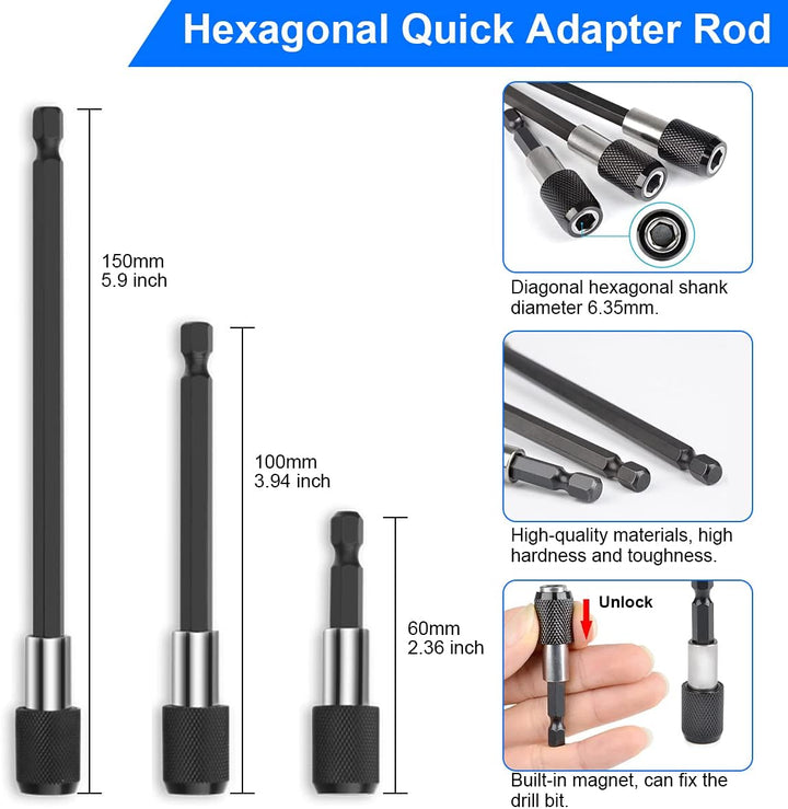 2pcs 105° Winkelaufsatz für Akkuschrauber Adapter, 3pcs 1/4 Sechskantschaft Verlängerungsstange, 1pc