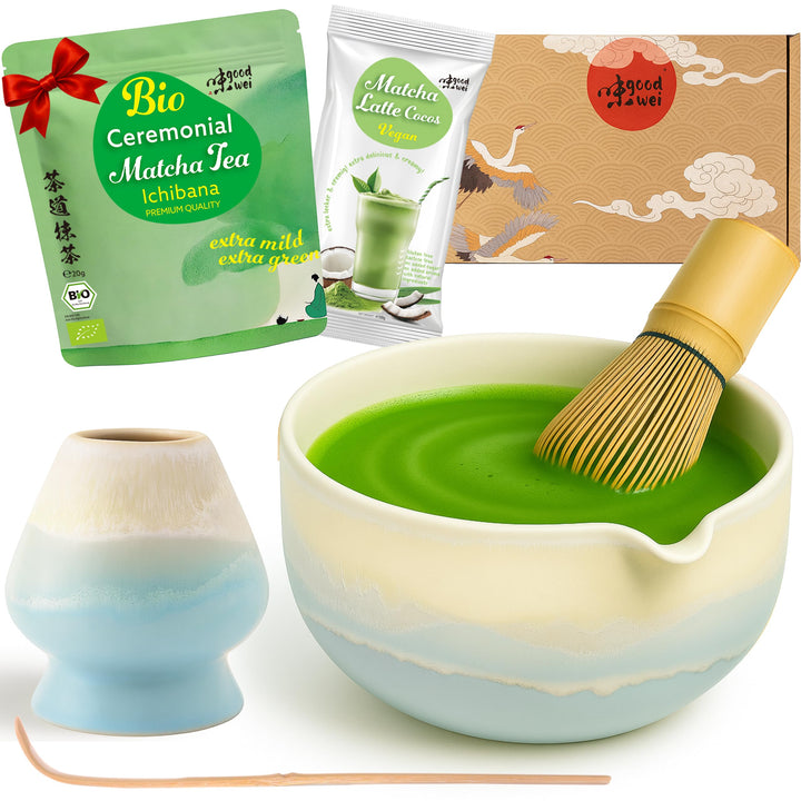 Goodwei Matcha-Set komplett mit hochwertiger Matcha Schale aus Keramik mit Ausgiesser, Matcha Besen