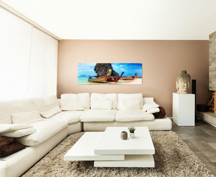 Paul Sinus Art Panoramabild auf Leinwand und Keilrahmen 150x50cm Thailand Strand Meer Felsen Boote H