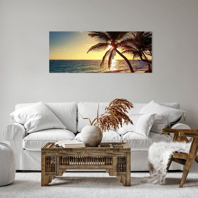 ARTTOR Bilder auf Leinwand 100x40cm Leinwandbild Wolke exotischer Palm- Landschaft Gross Wanddeko Bi