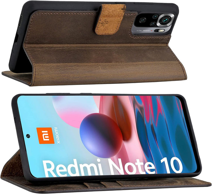 Suncase Book-Style Hülle kompatibel mit Xiaomi Redmi Note 10 Leder Tasche (Slim-Fit) Lederhülle Hand