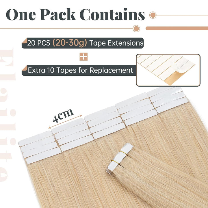 Elailite Extensions Echthaar Tape in #24 Mittelblond, 20 Stück/Packung Real Human Hair, 20cm Haarver