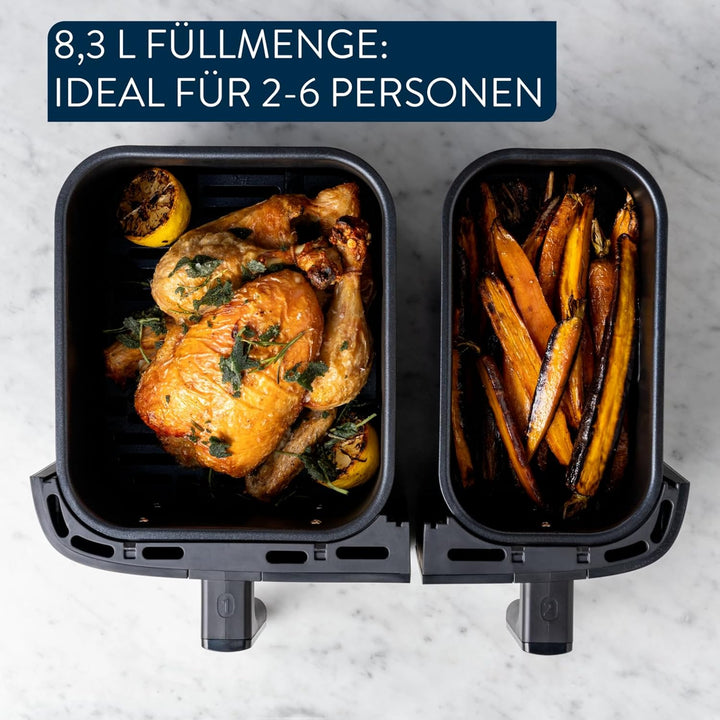 Jamie Oliver by Tefal Dual Drawer Heissluftfritteuse 8,3 L – Airfryer mit 2 Kammern & Grillfunktion,