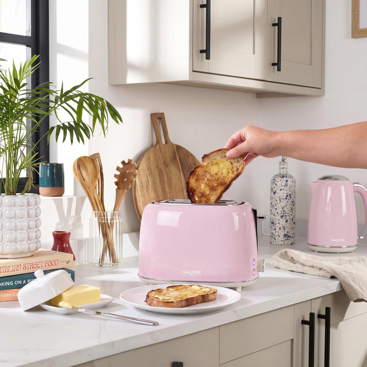 Salter Retro Wasserkocher elektrisch 2200 W, 1,7 l – rosa Wasserkocher mit 360°-Drehfuss, herausnehm