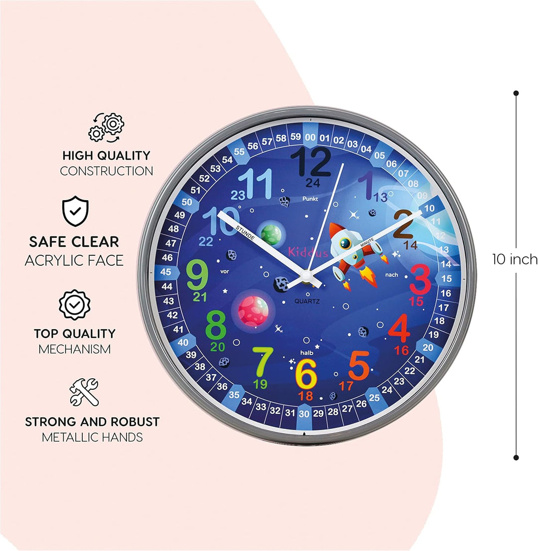 Kiddus Kinder Wanduhr, Jungen und Mädchen, Analoger Lernuhr mit Zeitlernübungen, Kinderwanduhr Ohne
