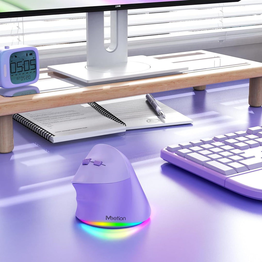 MEETION Linkshänder-Maus, Ergonomisch, Kabellos, Vertikal, RGB für Bluetooth (5.2 + 3.0) und USB-A M