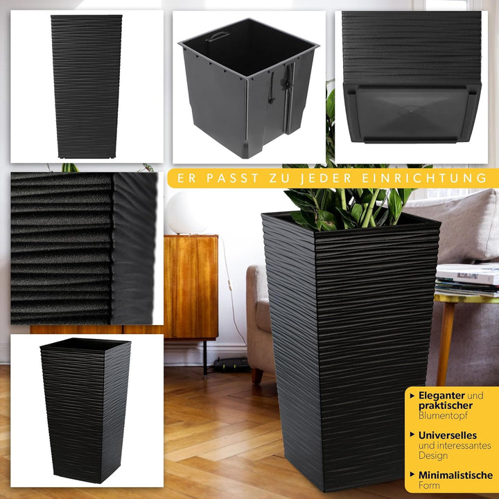KADAX Pflanzkübel mit Innentopf, Höhe 68cm, Schwarz – Wetterfester Blumentopf für Innen & Aussen, id