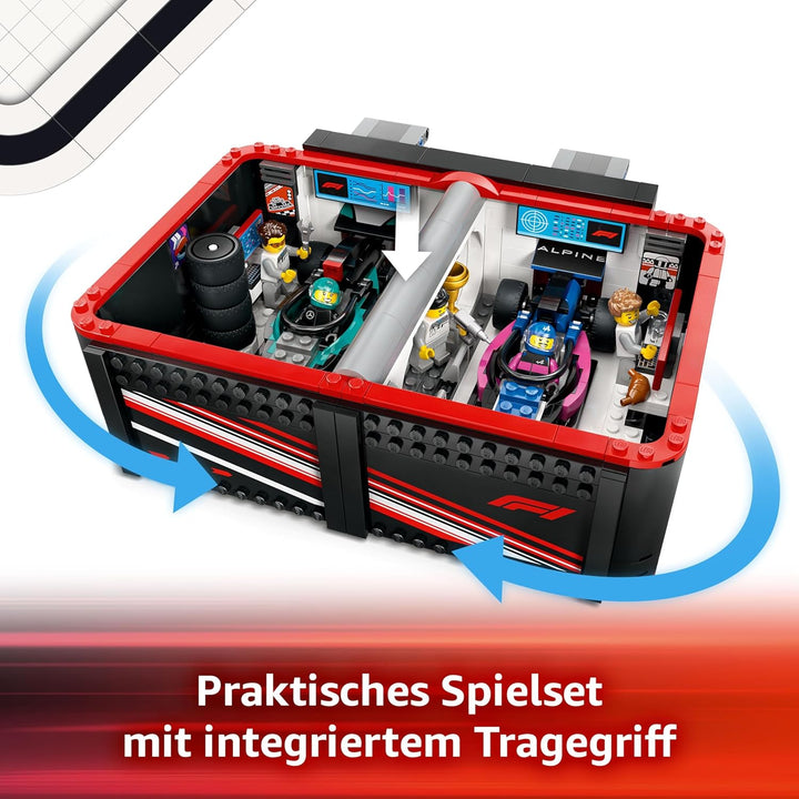LEGO City F1 Garage mit Mercedes-AMG &amp; Alpine Rennautos - Spielzeug Formel 1 Rennwagen mit 2 Rennfah