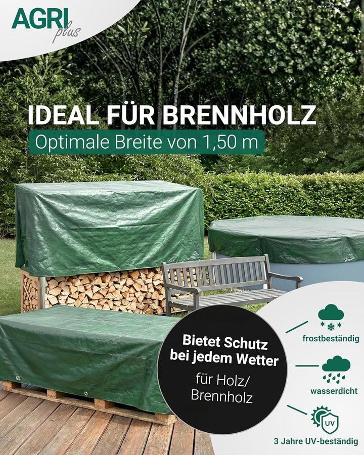 AGRI plus Holzabdeckplane 1,5 x 10 m - mit Ösen I Stabile 210 g/m² PE-Gewebeplane mit ringsum Randve