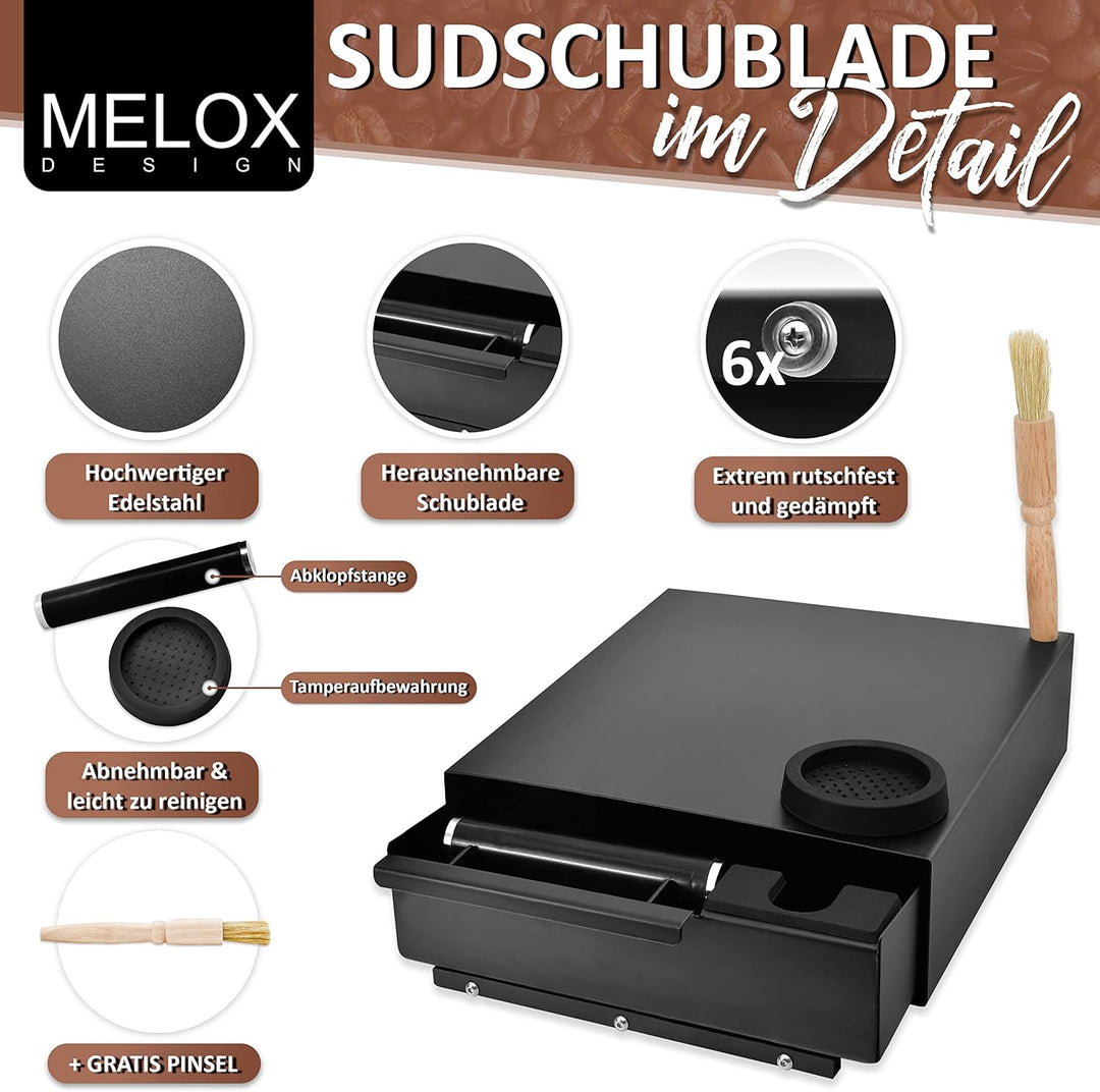 MELOX - XXL 4-in-1 Abschlagbehälter mit Sudschublade für Siebträger mit Tamper-Station & Reinigungs-